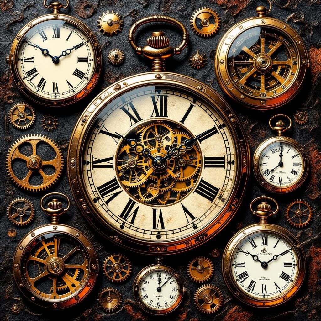 Steampunk Clock Collage with Gears and Metallic Finishes