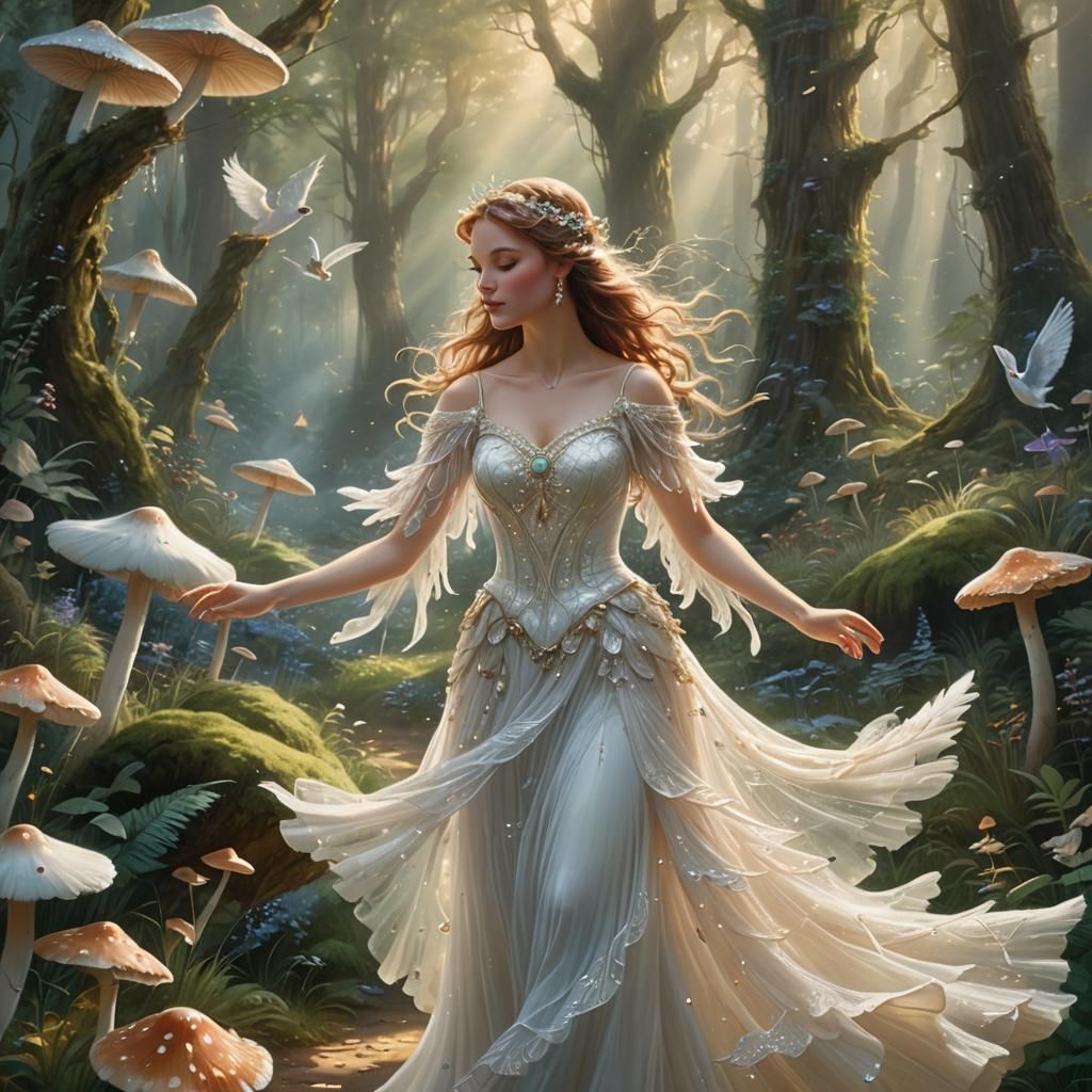 Bird Dancer in Forest Glade, Dreamlike Fantasy Art
