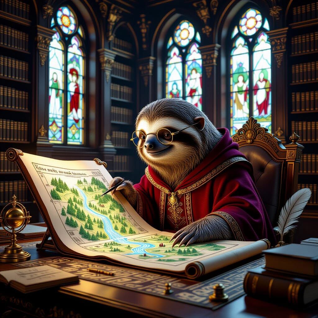 Wise Sloth Scholar in Magical Library, Digital Art