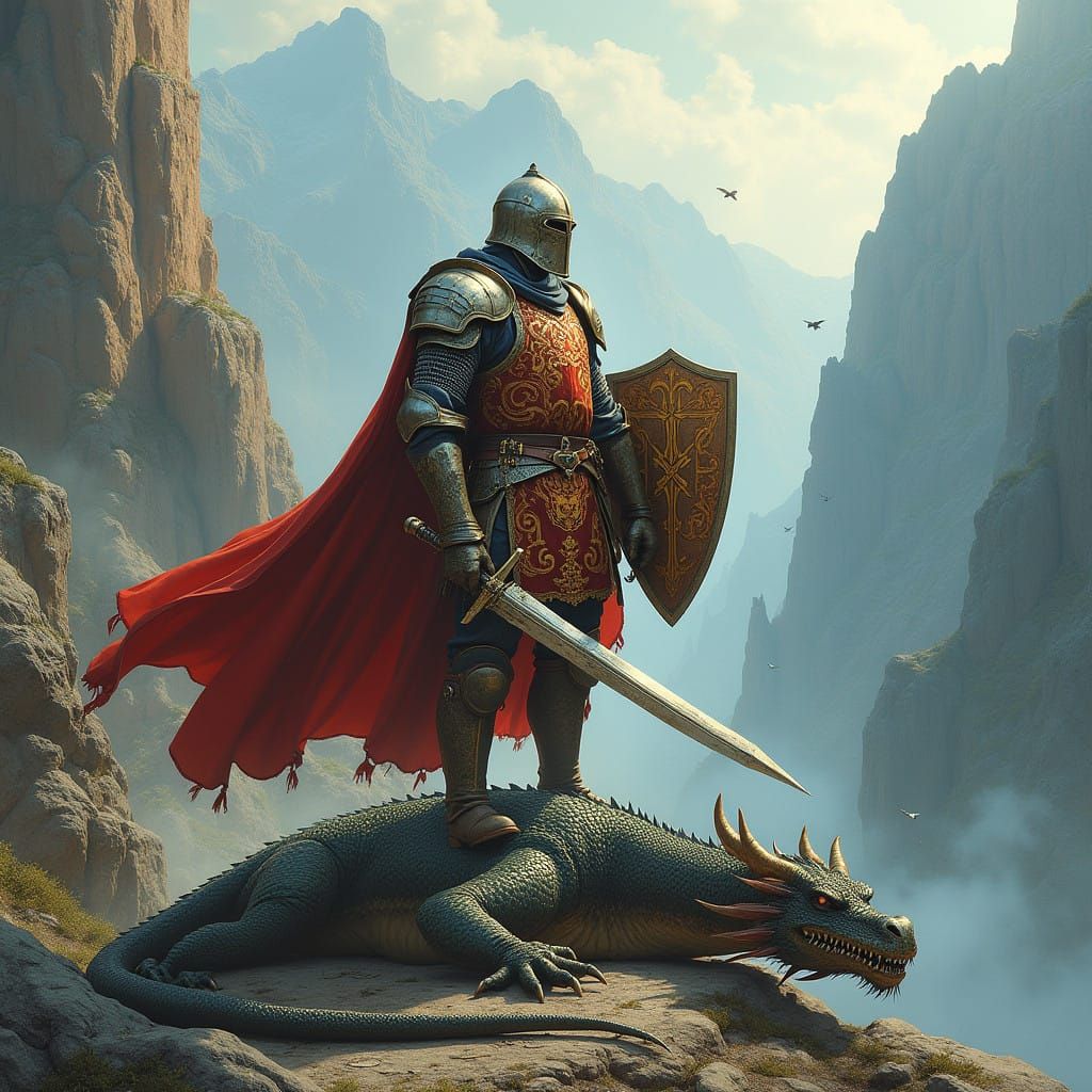 Medieval Hero Defeats Dragon in Misty Mountainscape