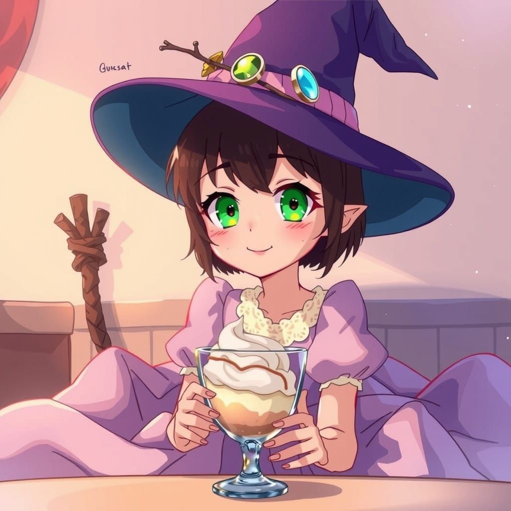 Whimsical Anime Witch Delights in Colorful Ice Cream