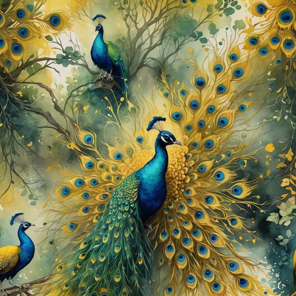 Fantastical Yellow Peacock Watercolor Art
