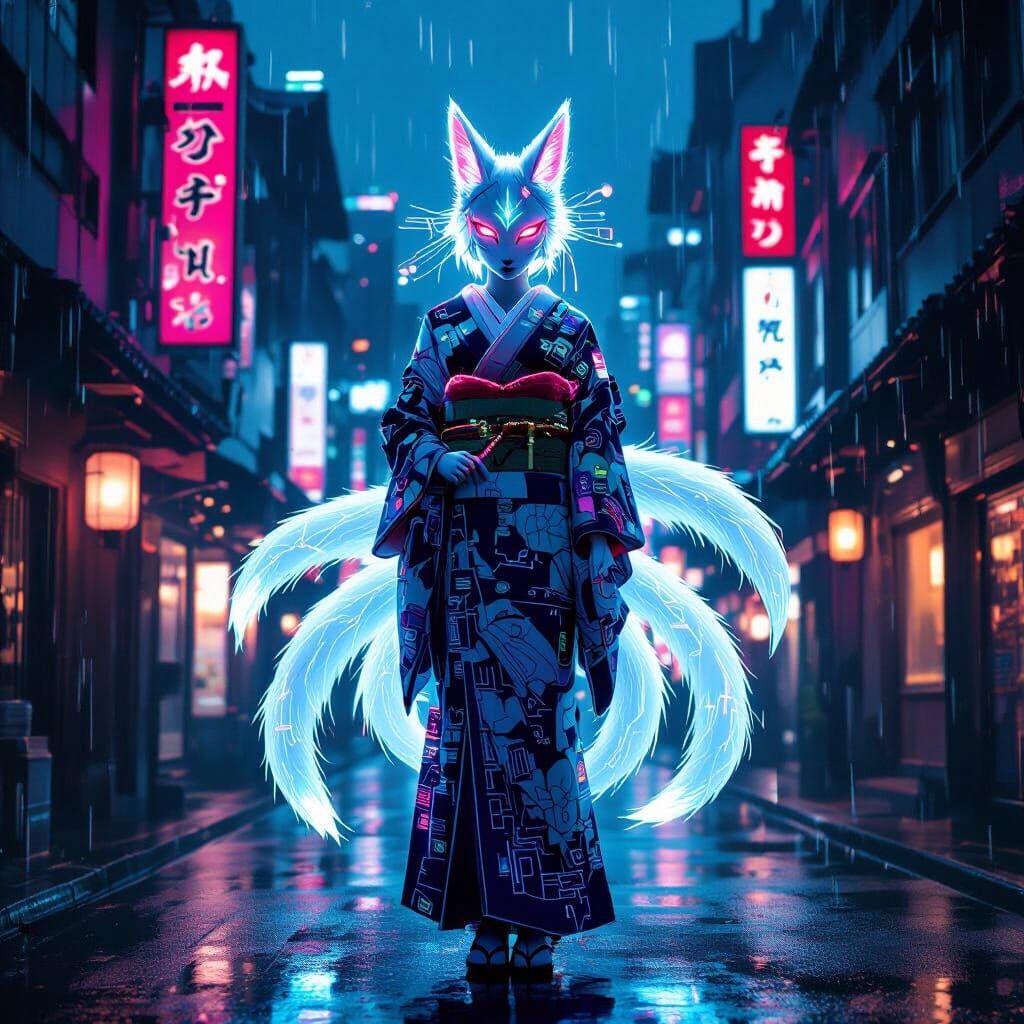 Cyberpunk Kitsune Goddess in Neo-Kyoto