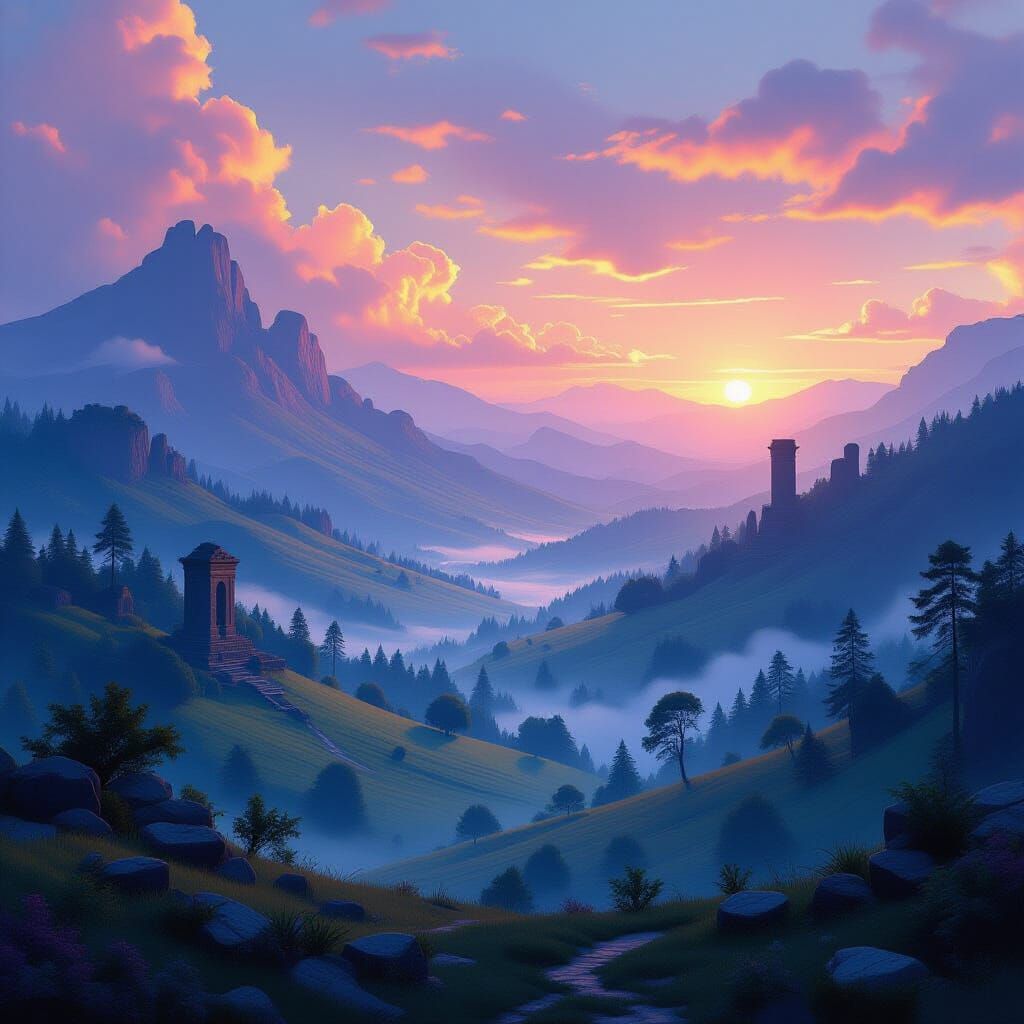 Ethereal Fantasy Landscape with Ruins