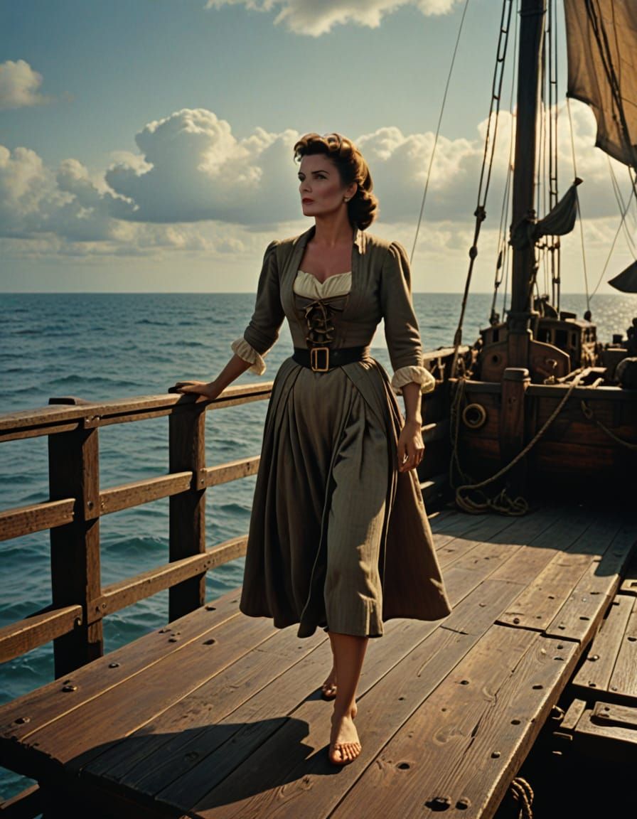 Pilgrim Fathers Women on a Weathered Pirate Ship