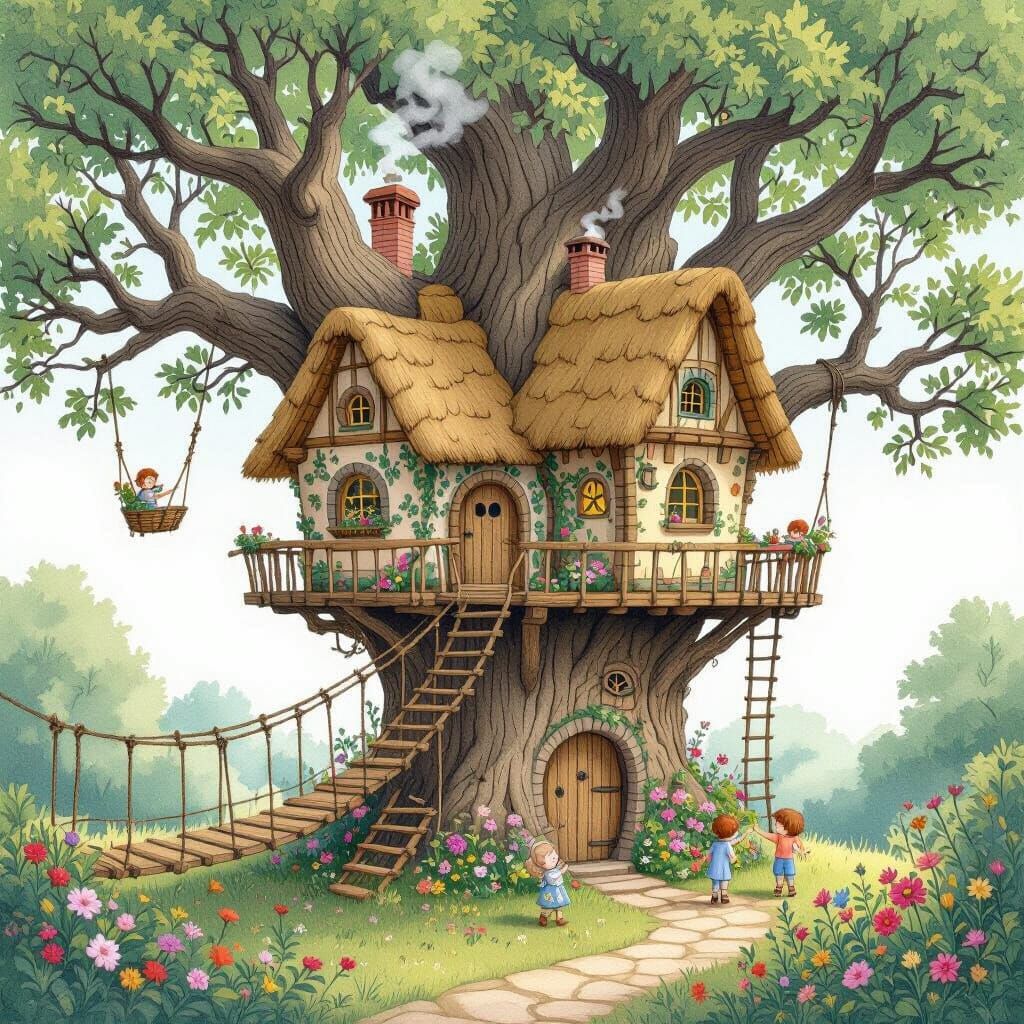 Whimsical Treehouse Village in Watercolor Style
