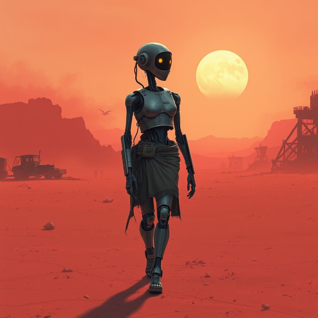 Lonely Robot in Post-Apocalyptic Desert, Cyberpunk Style
