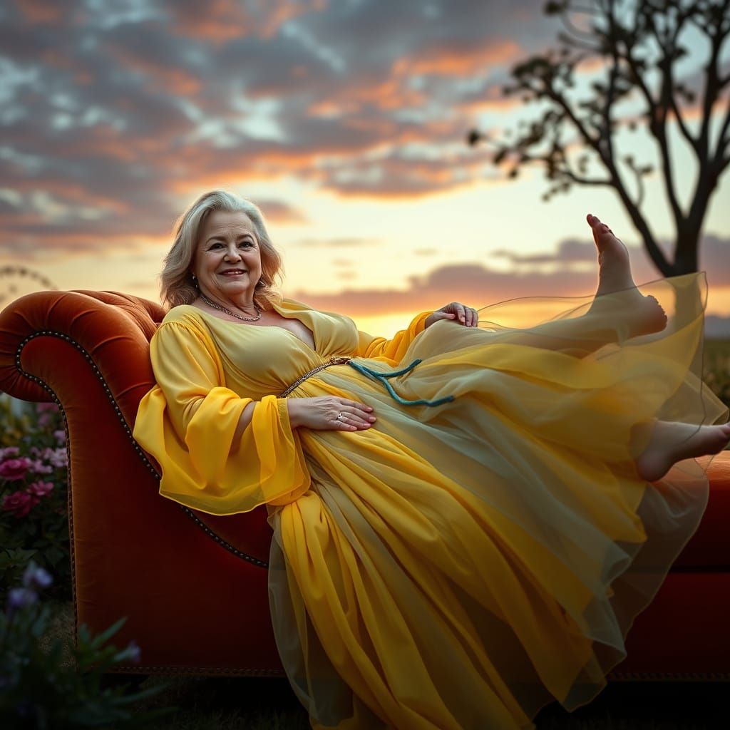 A serene, mature blonde woman with a warm, inviting smile an...