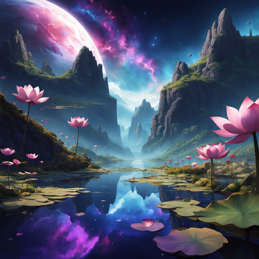Surreal Infinity Landscape with Lotus Flowers