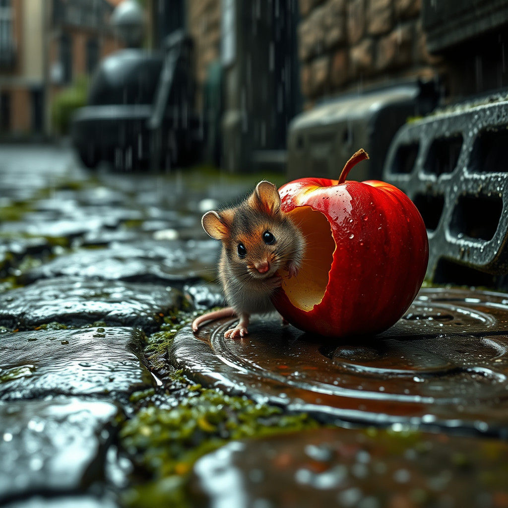 Mouse Finds Giant Apple on Rainy Cobblestone Street