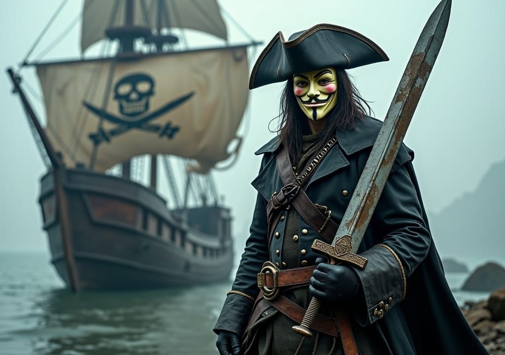 Pirate with Guy Fawkes Mask in Dark Harbor