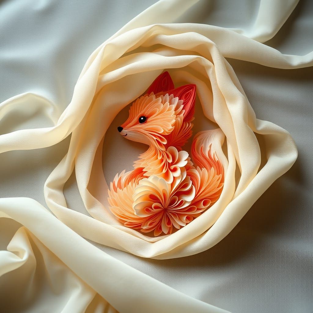 Delicate Chiffon Fox Unfurls in Whimsical, Textured Silhouet...