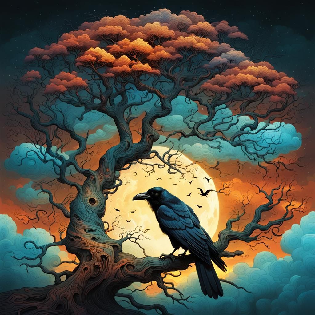 Crow in Treehouse on Swirling Cloud, Detailed Illustration