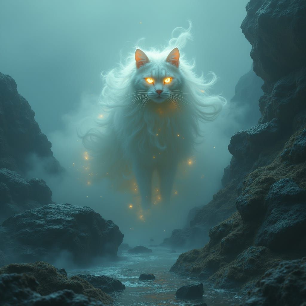Ethereal Fog Cat Envelops Rocky Coast