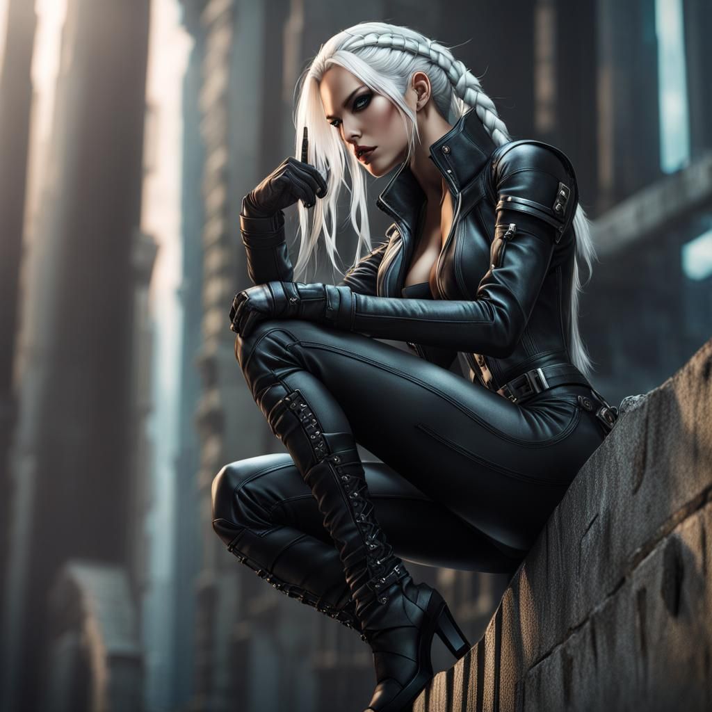 Cyberpunk Rogue: Braided Hair, Leather Suit, Crouching