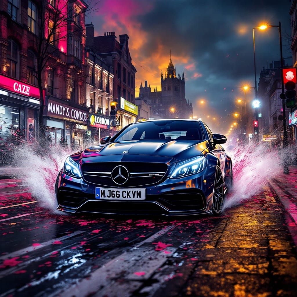 C63 AMG in Neon-Lit Hyperrealism