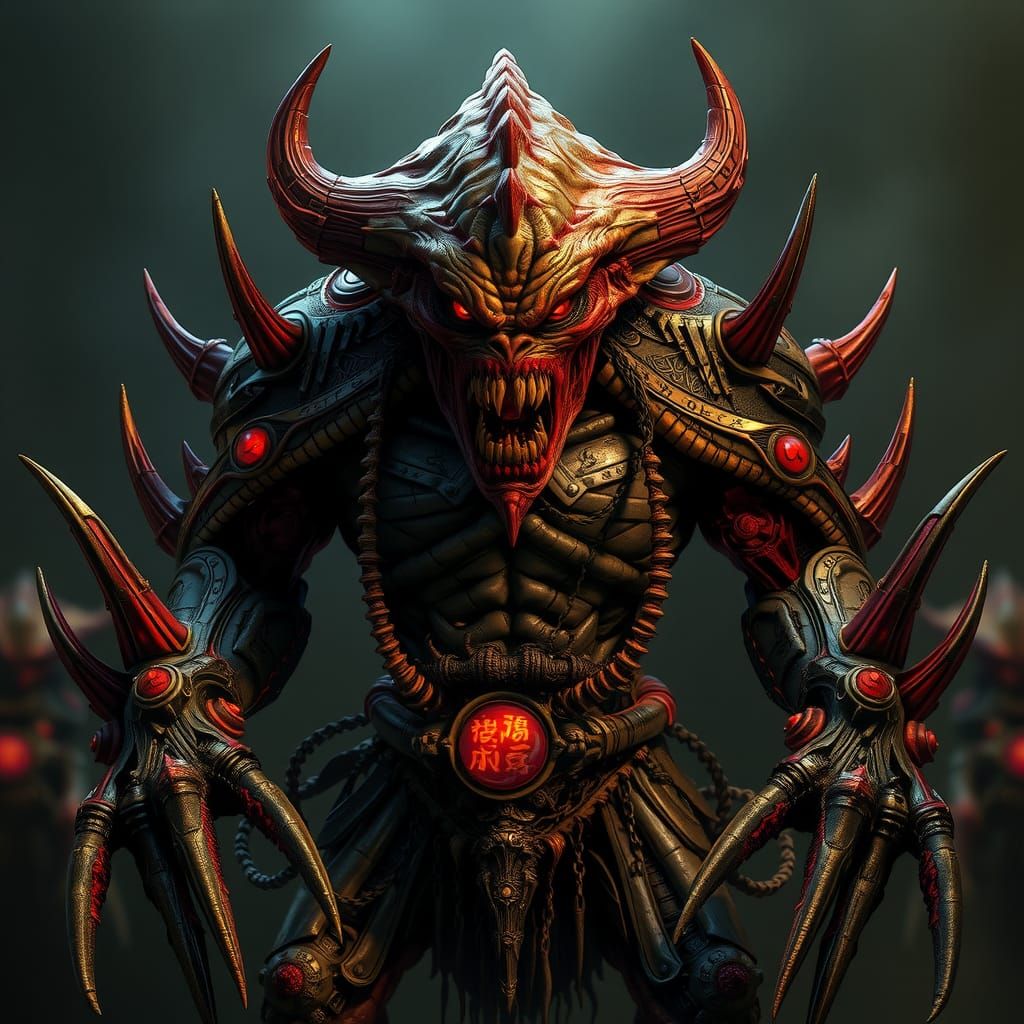 Terrifying Armored Demon in Biomechanical Gothic Style