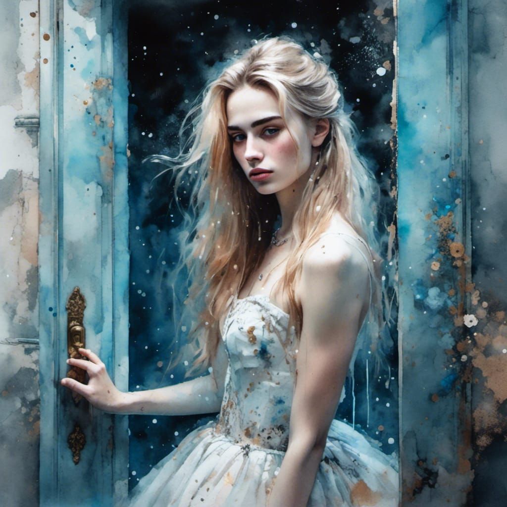 Watercolor of Trans Girl in Ballgown, Marlene Dumas Style