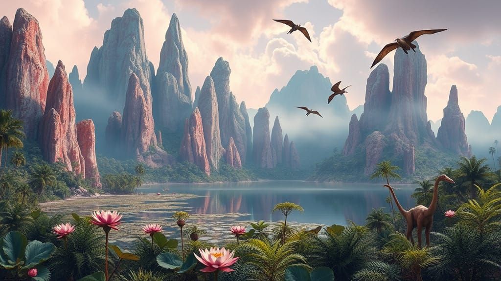 Surreal Landscape with Iridescent Crystals and Prehistoric C...