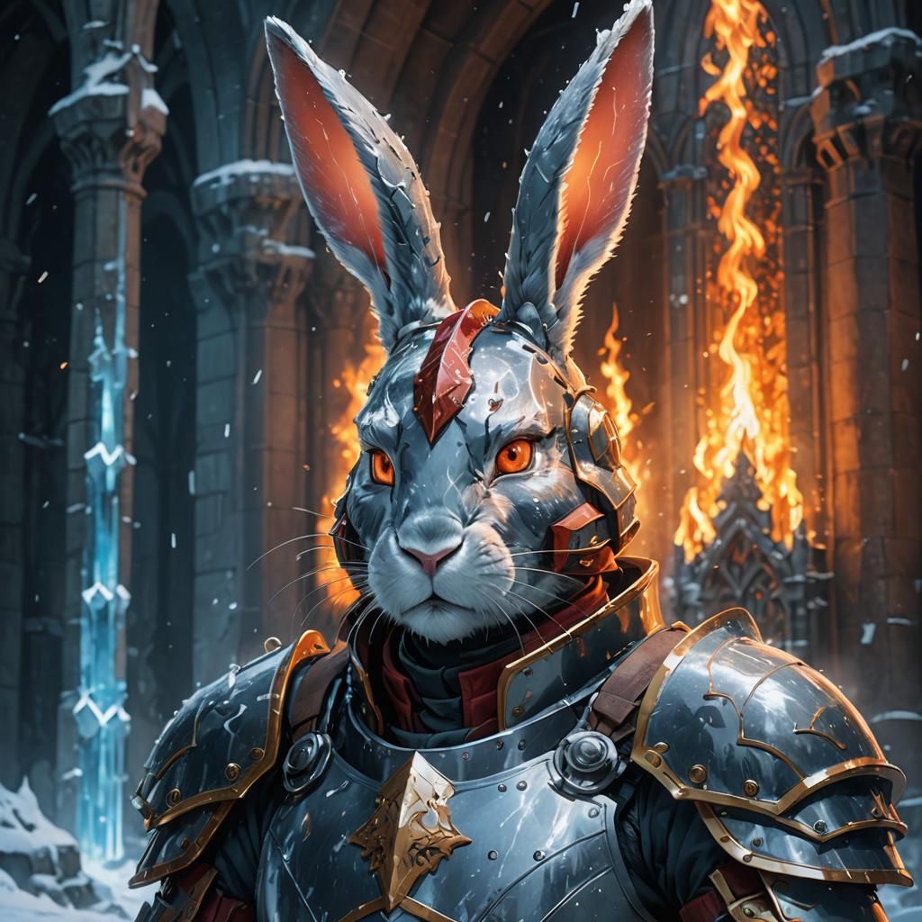 Armored Rabbit Knight in Ice Cathedral, Anime Style
