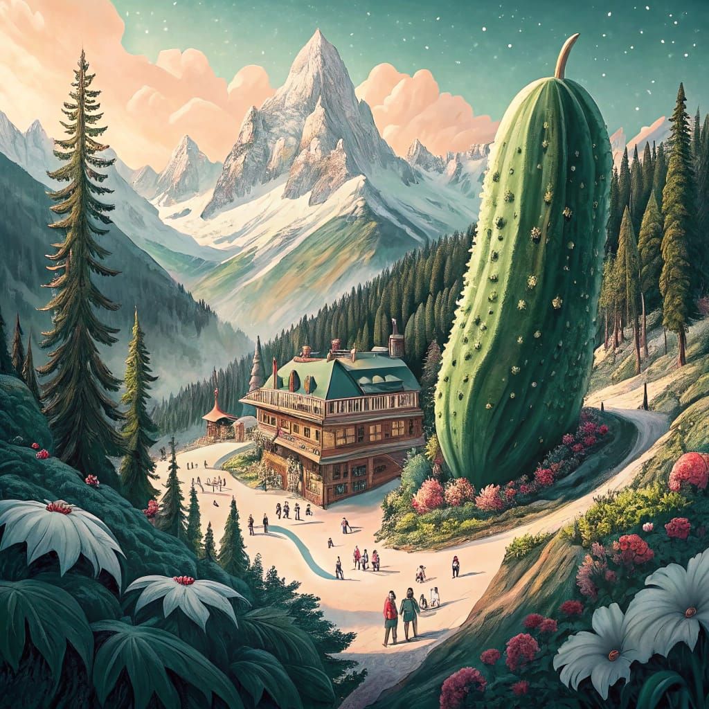 Surreal Ski Resort with Cucumber in Vibrant Dreamlike Landsc...