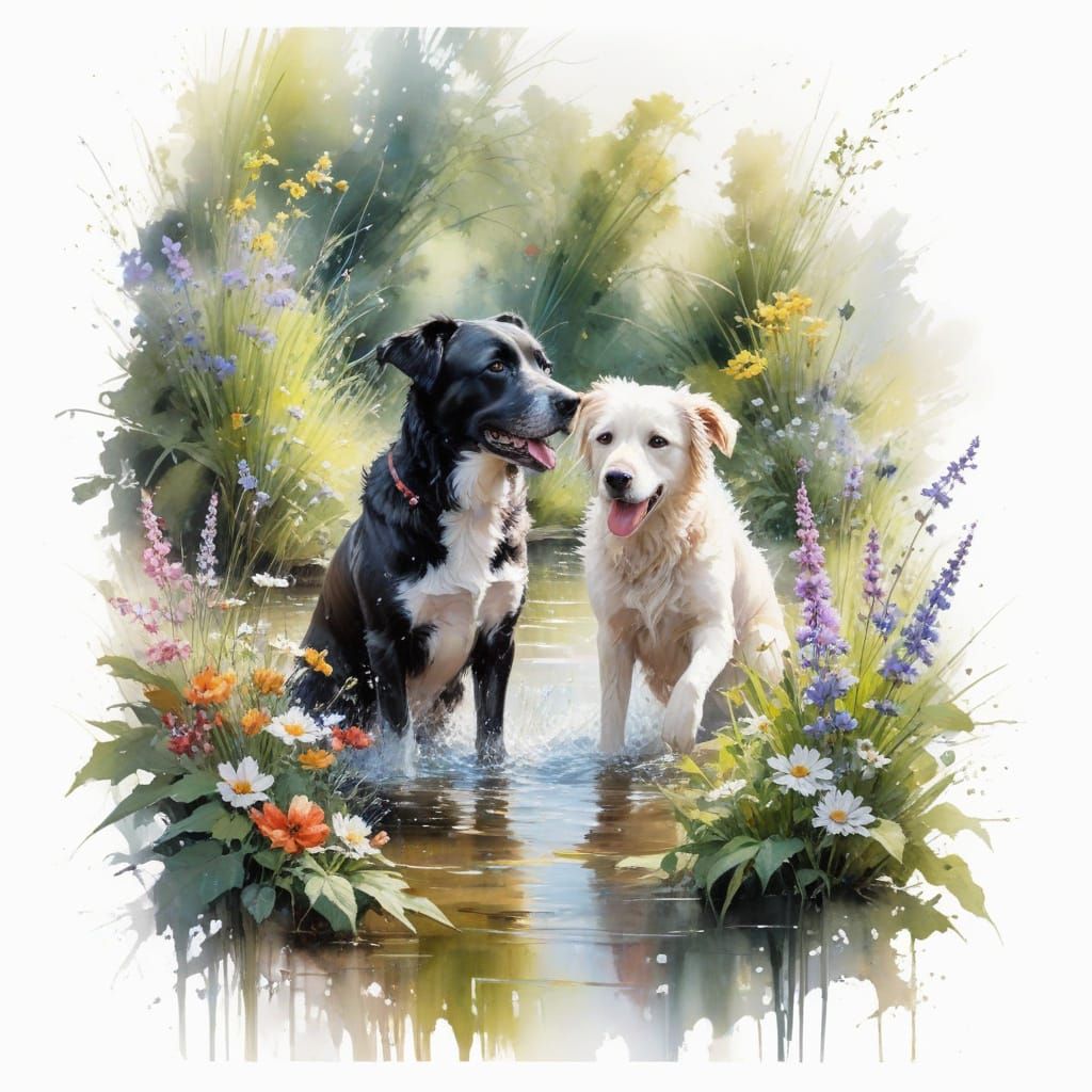 Vibrant Garden Scene with Playful Dogs and Adorable Ladies
