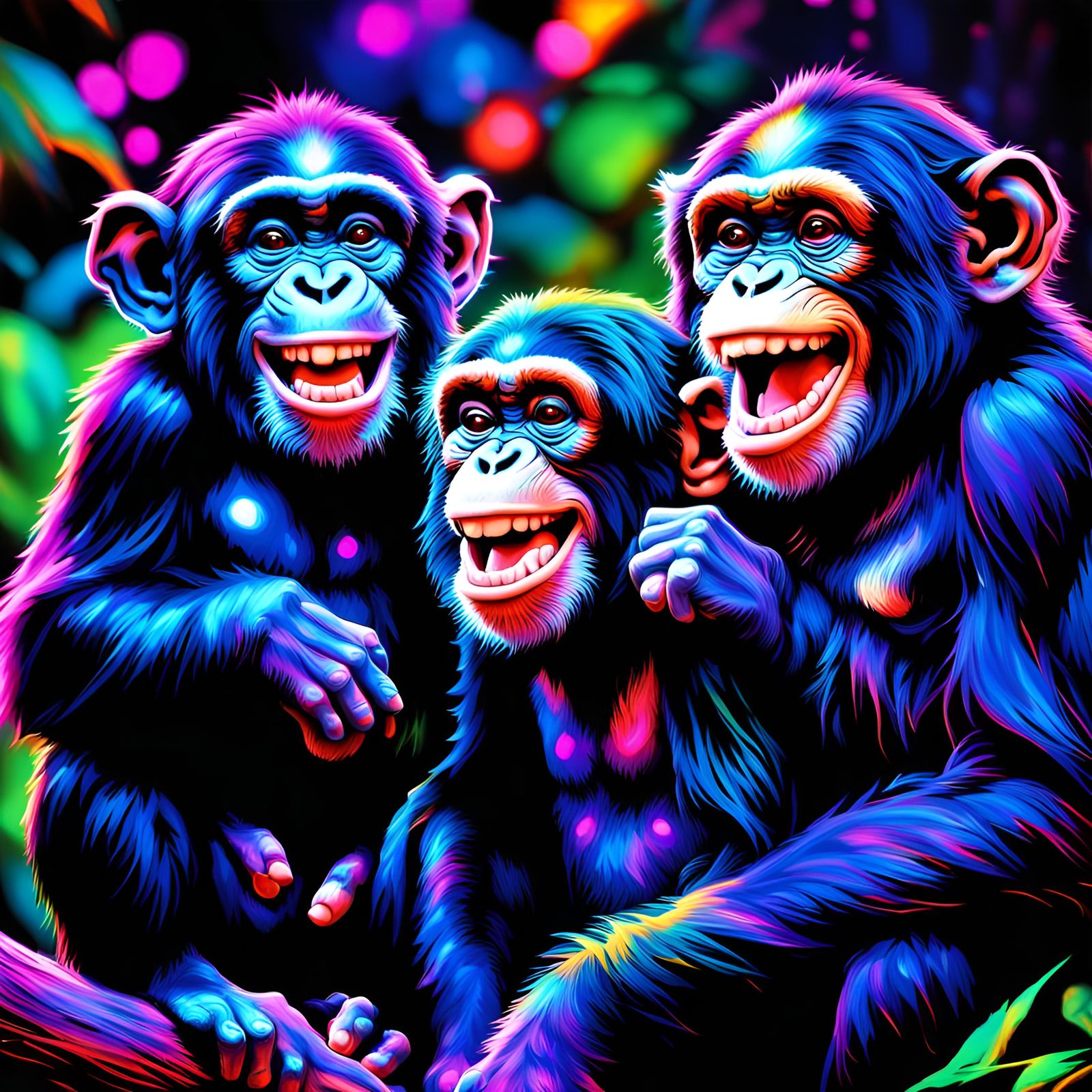 Sparkly Chimpanzees Laughing: Psychedelic 3D Art