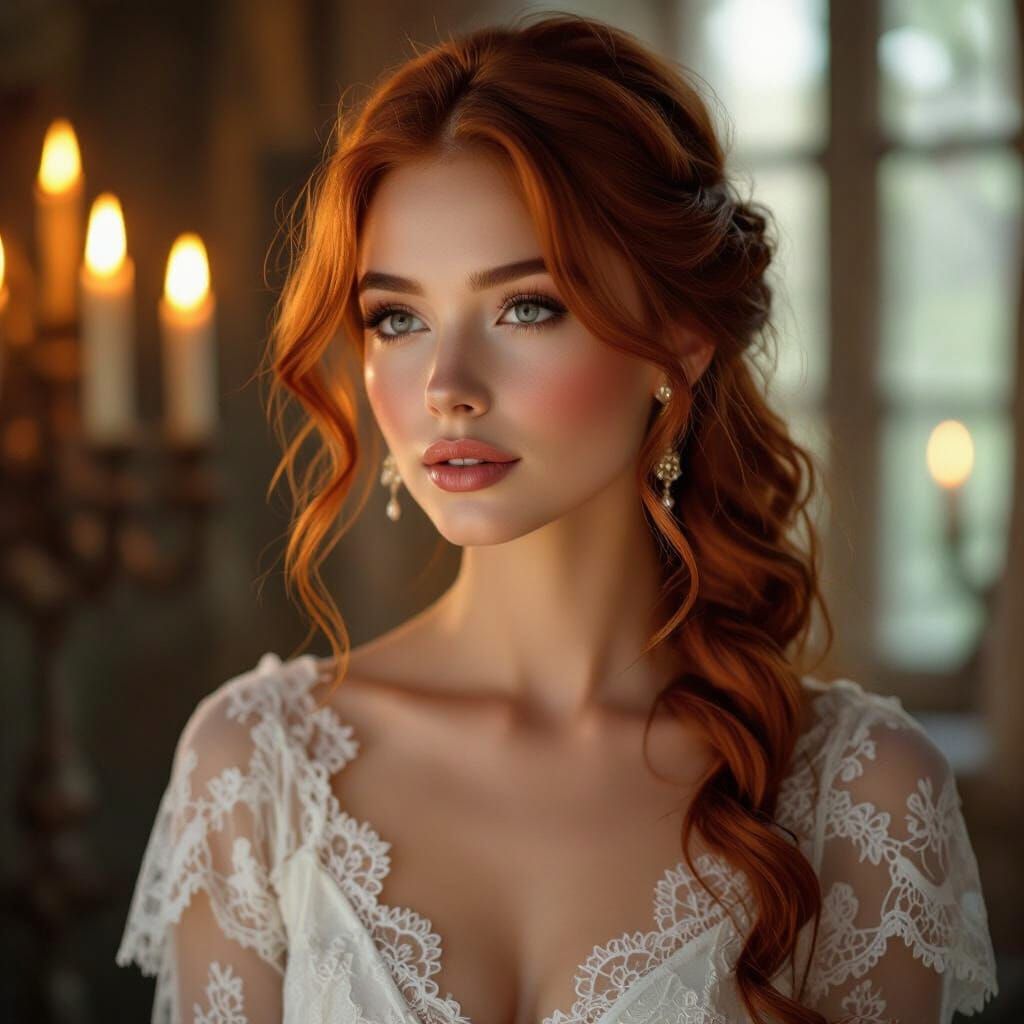 Woman with Auburn Hair in Lace, Photorealistic Portrait