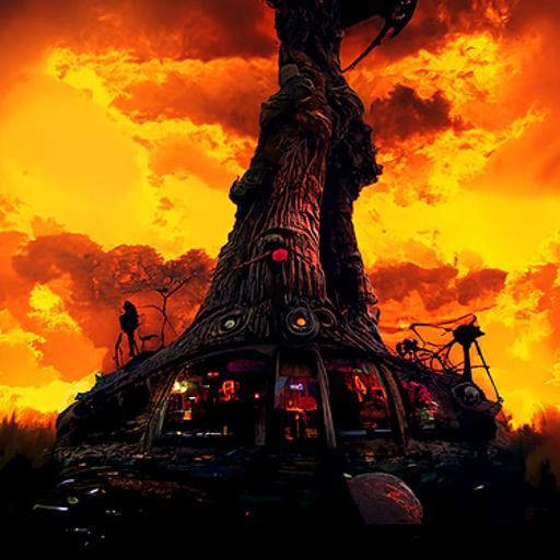 Solar-Punk Restaurant on Giant Tree in Dark Fantasy Style