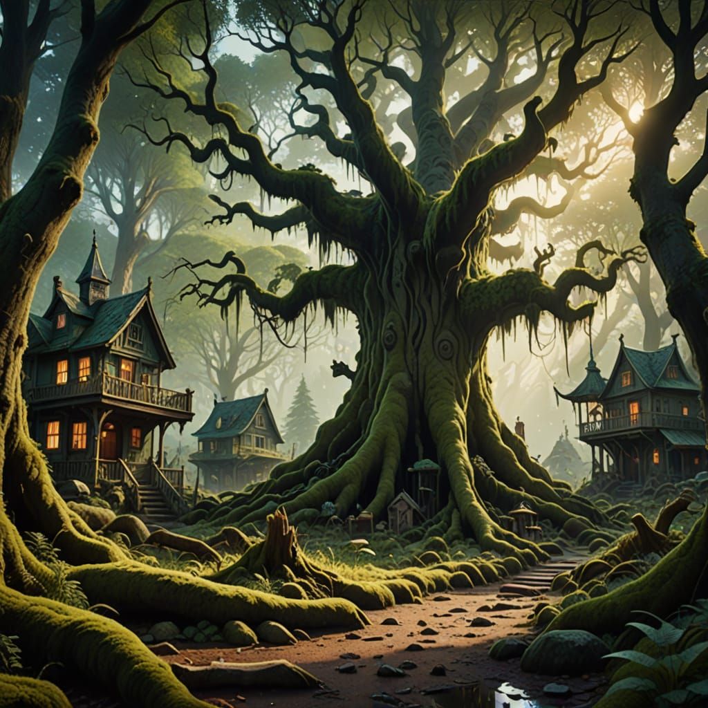 Ethereal Forest Dawn: Moss-Covered Trees in Misty Light