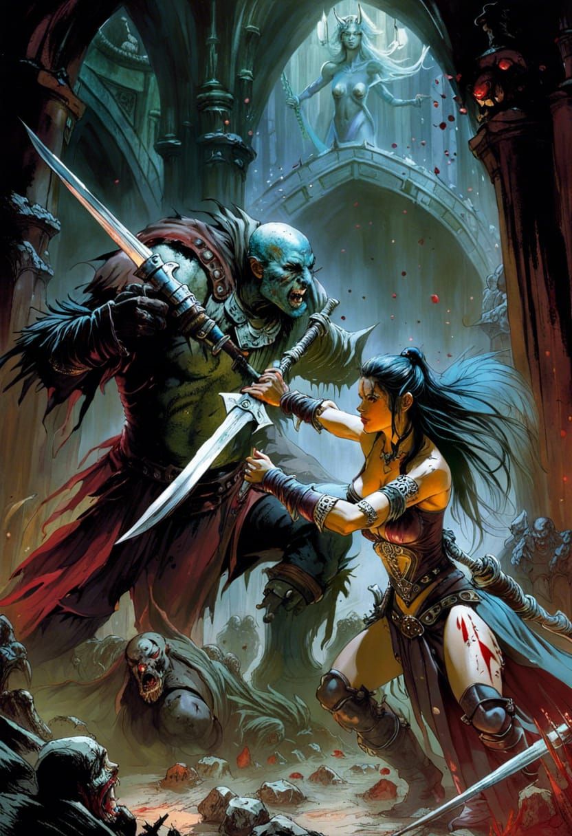 Adventuress Fighting Orc in Dungeon as Digital Art
