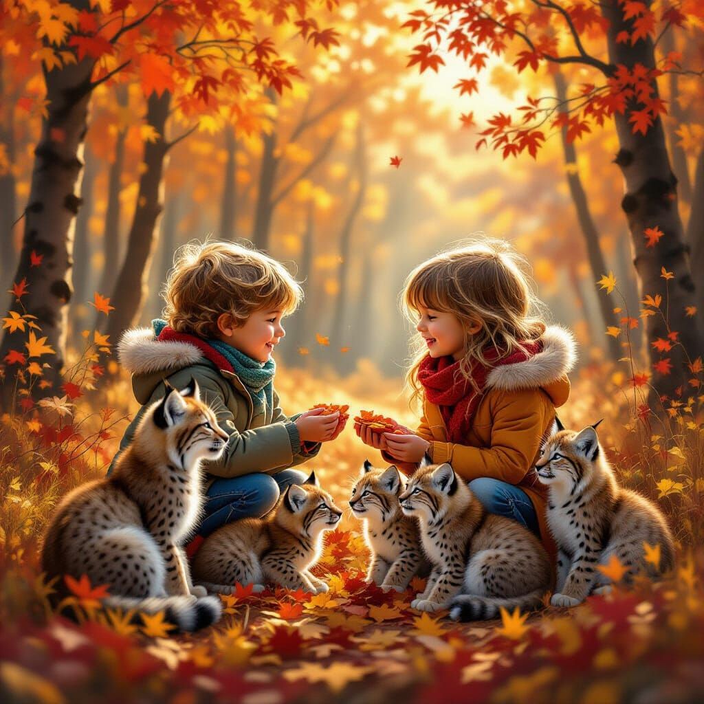 Children Feeding Lynxes in Autumn Forest