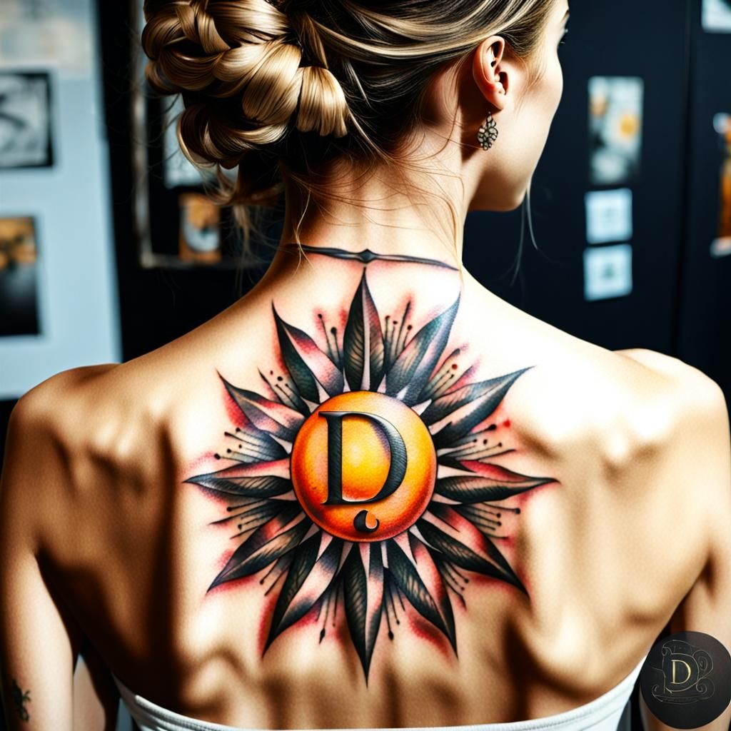 Realistic Sun and Letter D Back Tattoo
