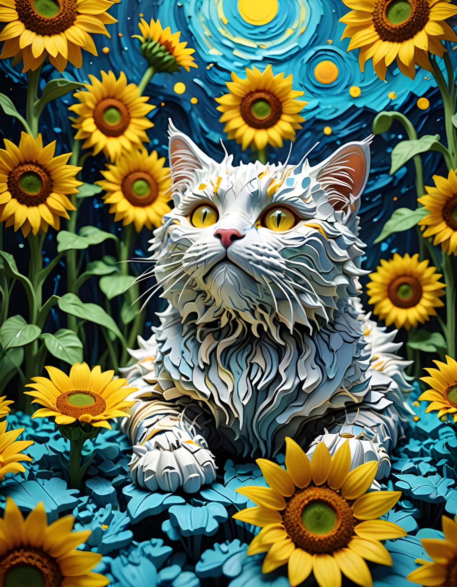 Majestic Robot Cat in Vibrant Van Gogh Impasto