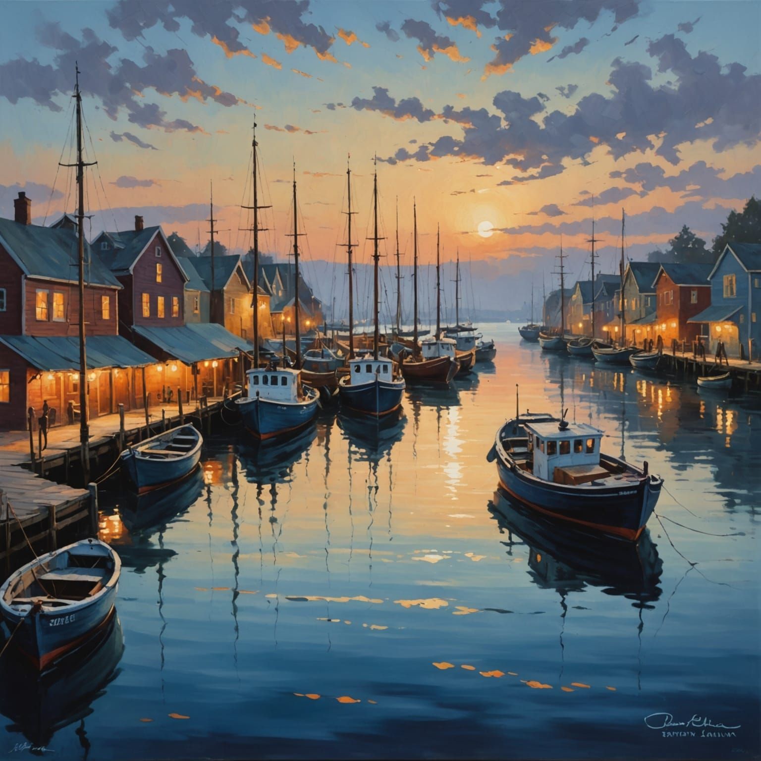 Elegant Dusk Harbor Scene in Oil Painting Style