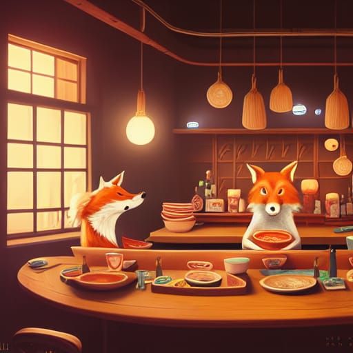 Magical Ramen Bar Scene in Storybook Illustration Style