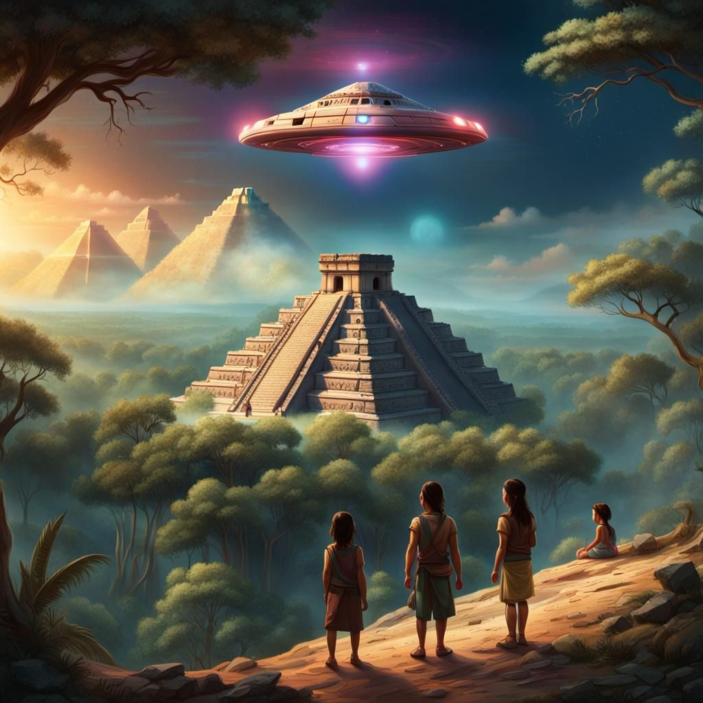 Mayans Observe UFO Over Pyramid: Digital Art