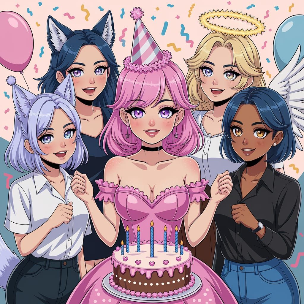 Birthday Celebration with Anime-Style Friends