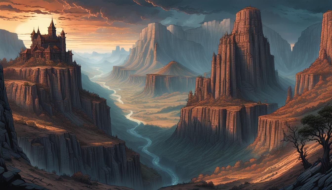 Sinister Fantasy Landscape with Towering Bluffs