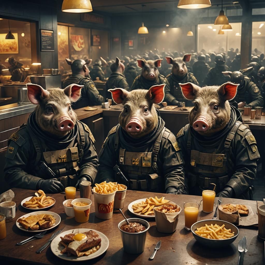 German Army Pigs Invade McDonald's: Surreal Concept Art