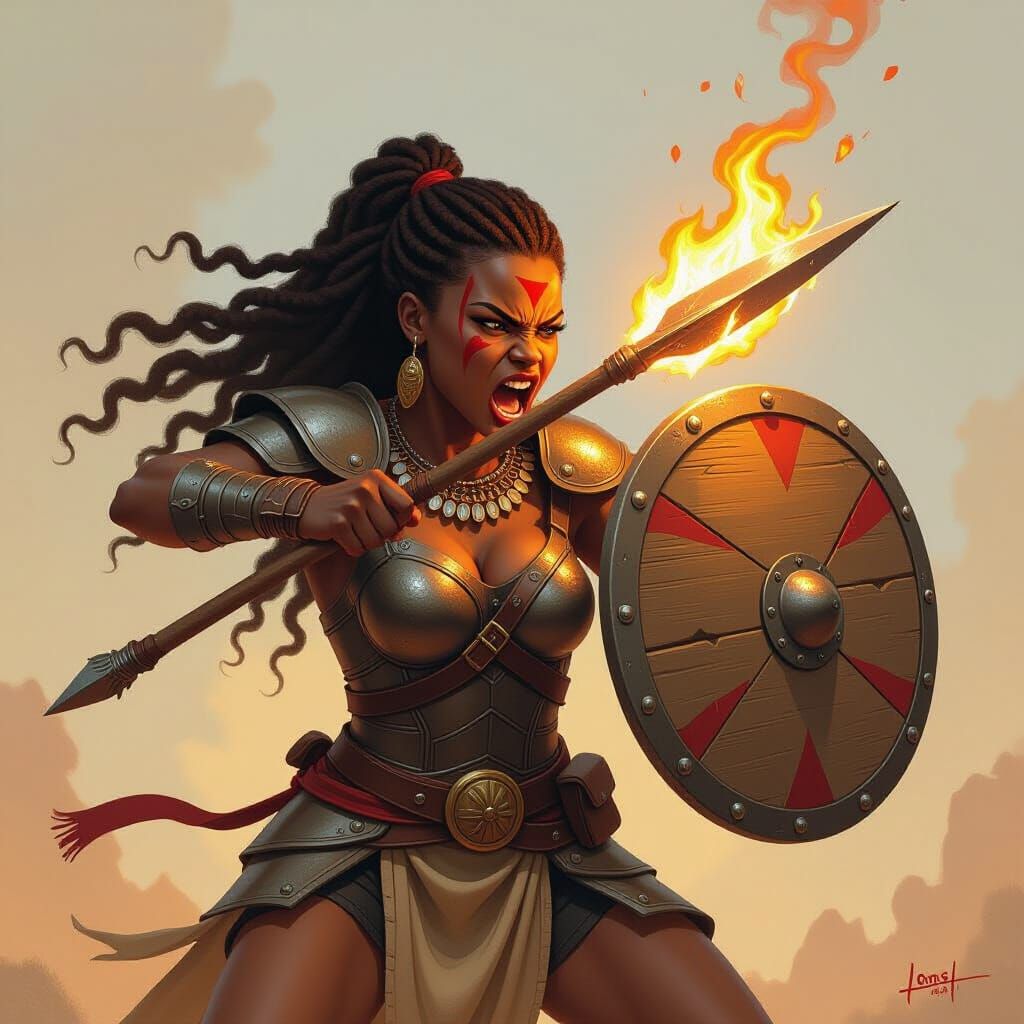Fierce African Warrior Blocks Flaming Spear in Frazetta Styl...