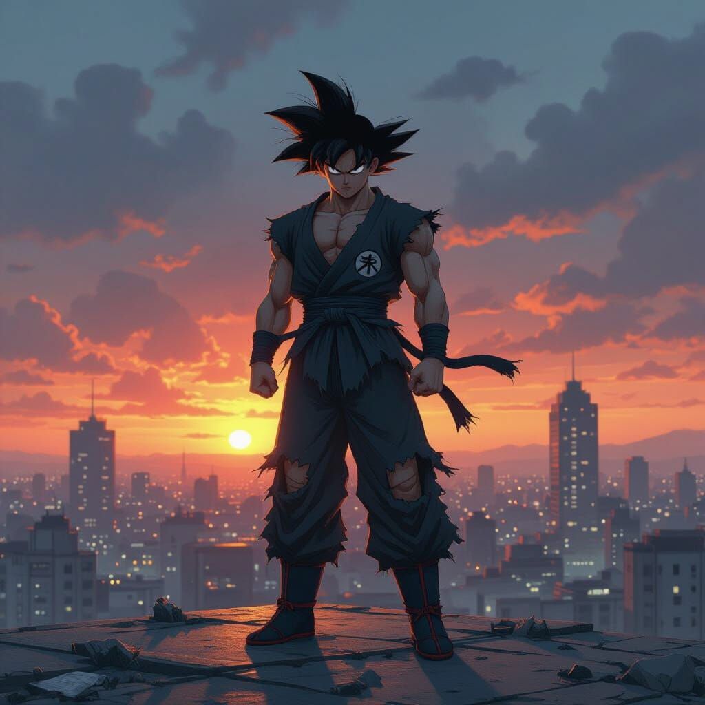 Goku Black on Dystopian City Rooftop