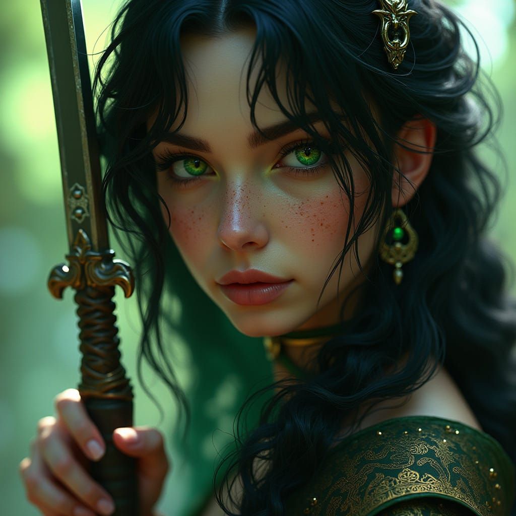 Gypsy Warlock Fighter with Scimitar in Mystical Art Nouveau...