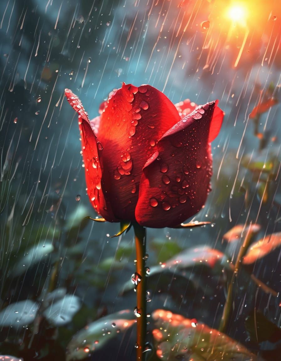 Hyperrealistic Sunset Forest Scene with Red Rose