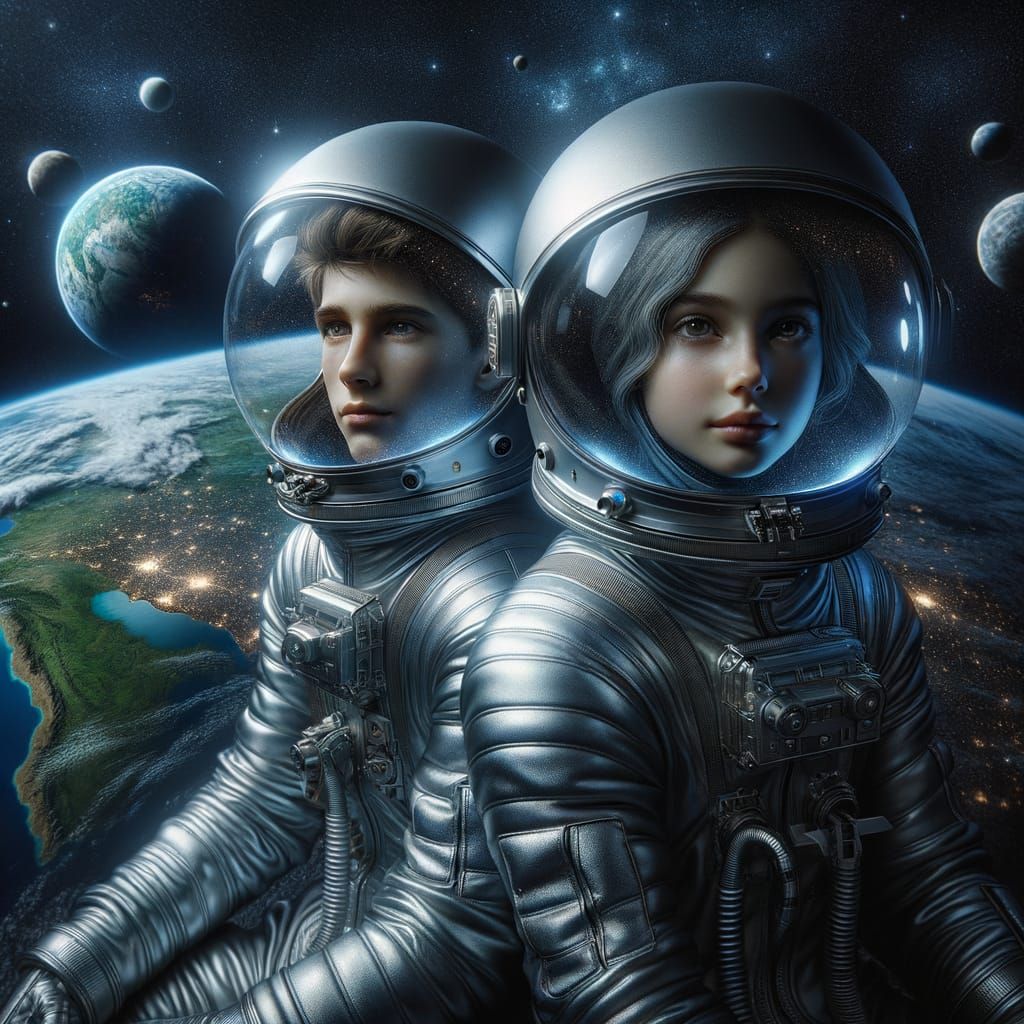 Children in Space Suits Floating Near Earth