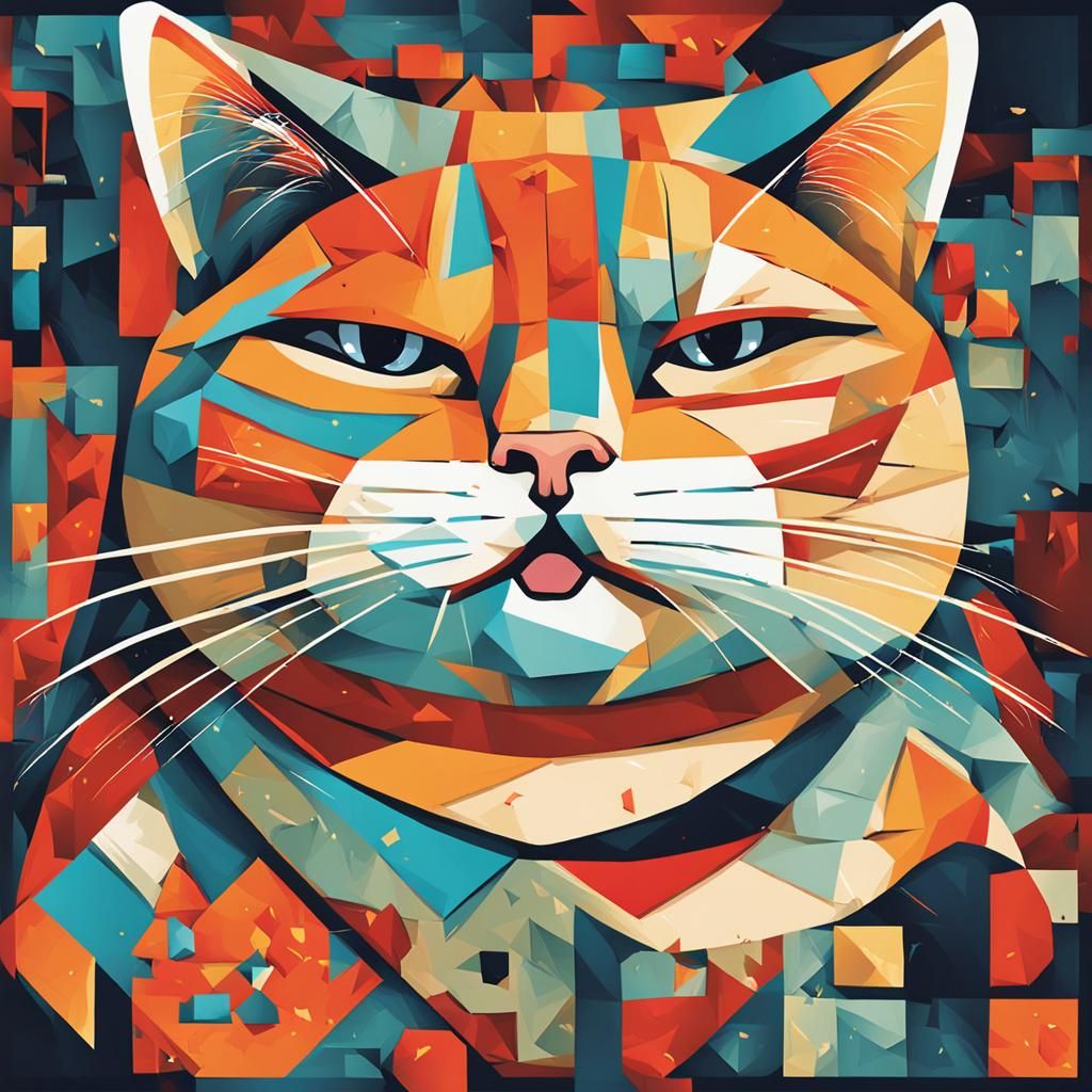 Humorous Fat Cat Portrait in Renaissance Cubist Style