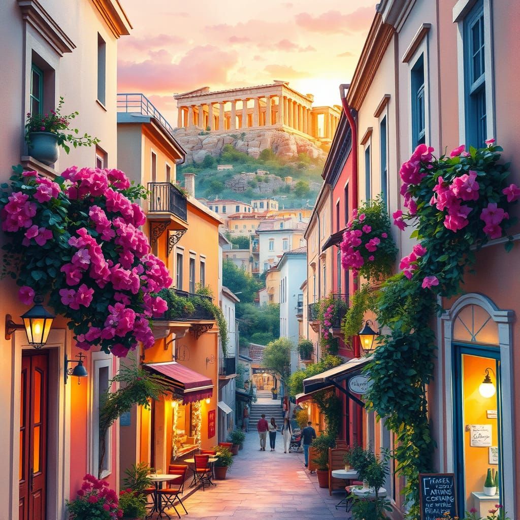 Whimsical Watercolor Scene of Ancient Athens