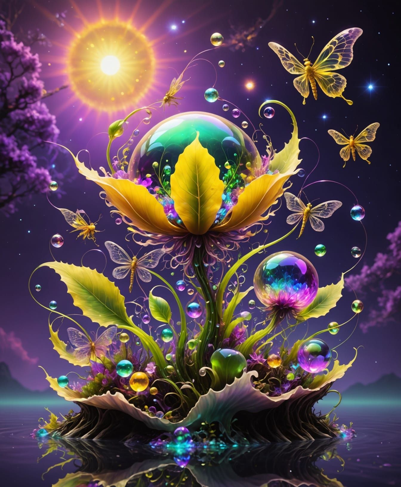 Surreal Sunset in Fractal Harmony with Glowing Dragonflies