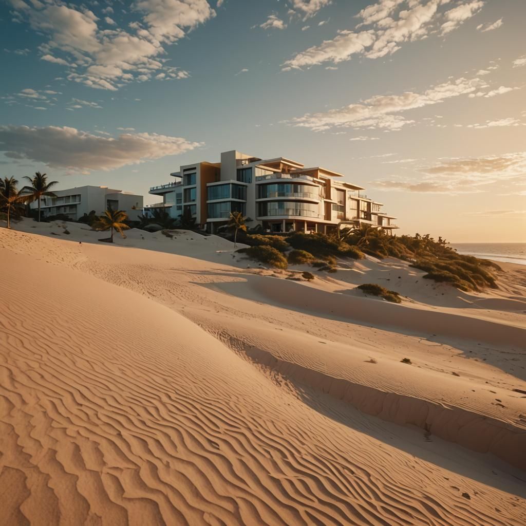 Luxury Hotel Resort at Sunset: Cinematic Film Still