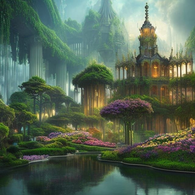 Utopian City with Floating Gardens